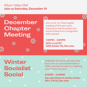 Banner advertising Silicon Valley DSA's December Chapter Meeting and Winter Socialist Social